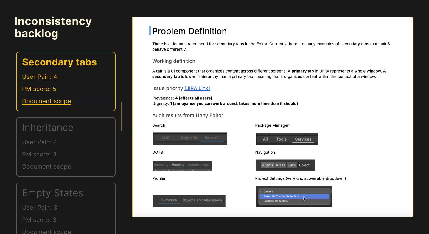 Diagram showing backlog of UX inconsistency issues for the Unity Editor, and screenshot of tab UI framing document.